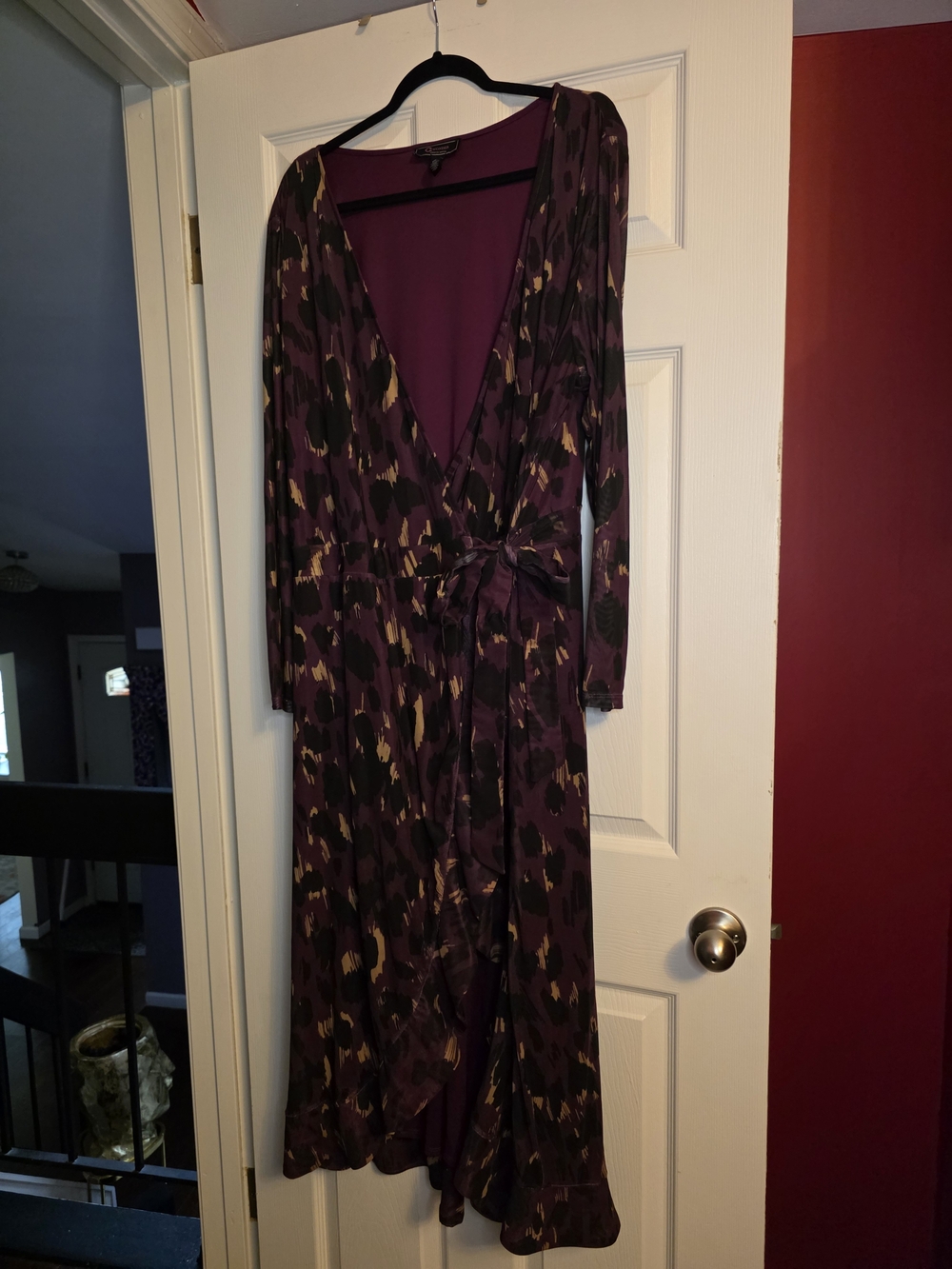 C. Wonder Plum and Gold Abstract Wrap Maxi Dress